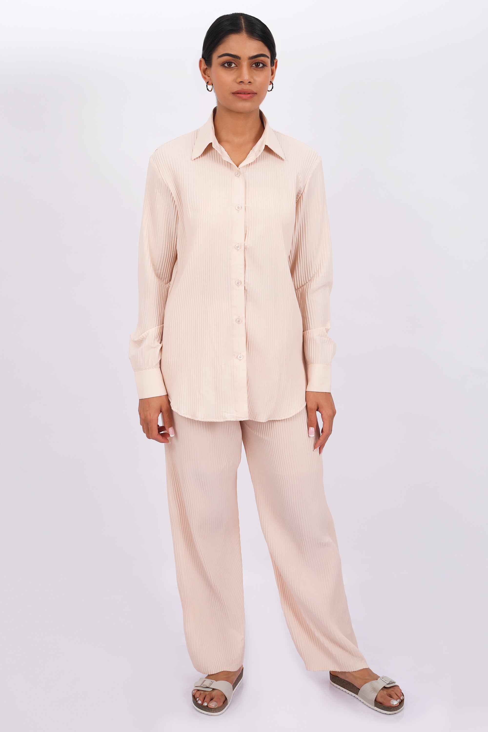 CO-ORD SET OF PLEATED FABRIC IN BEIGE