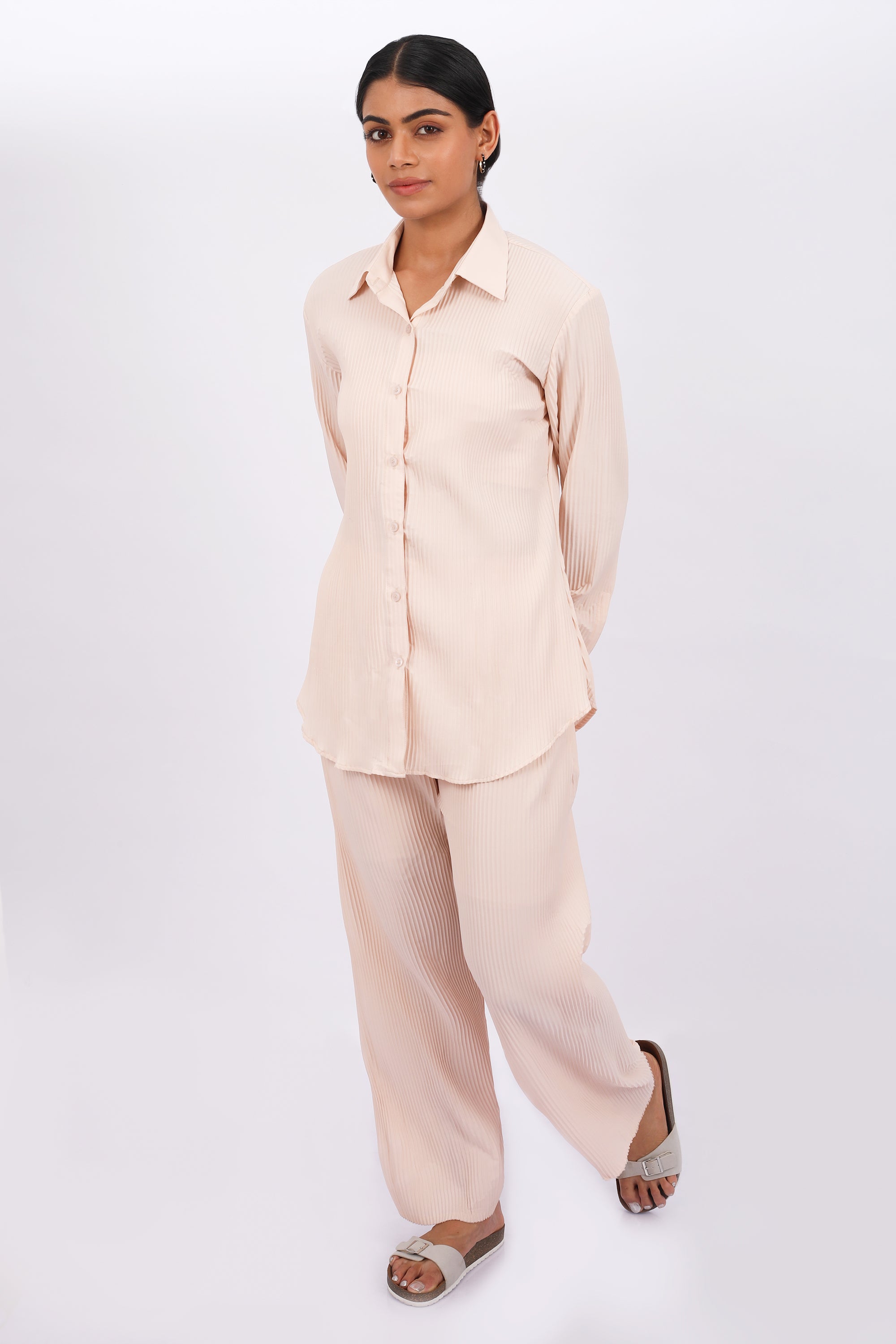 CO-ORD SET OF PLEATED FABRIC IN BEIGE