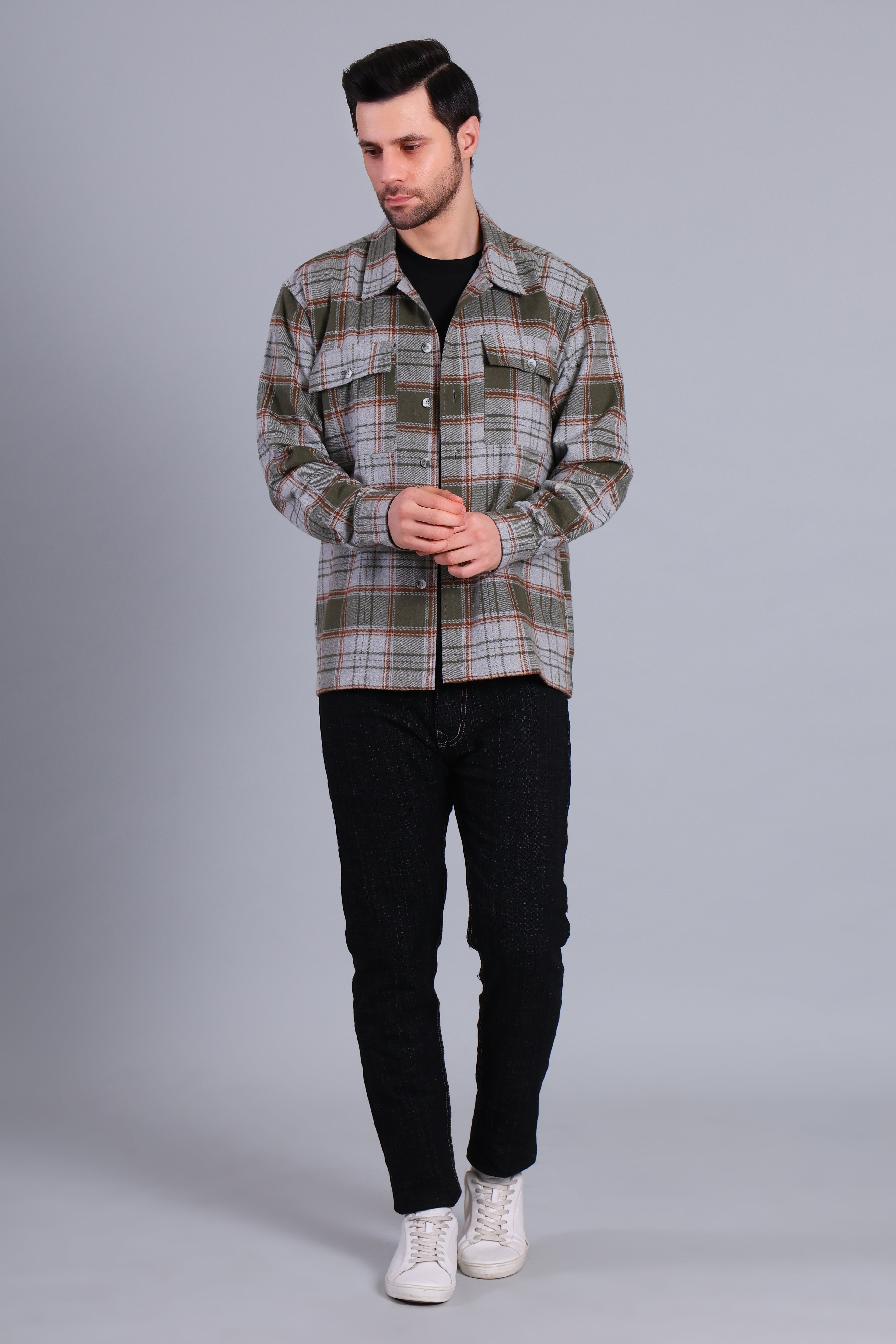 OLIVE GREEN SHACKET OF BRUSHED FABRIC