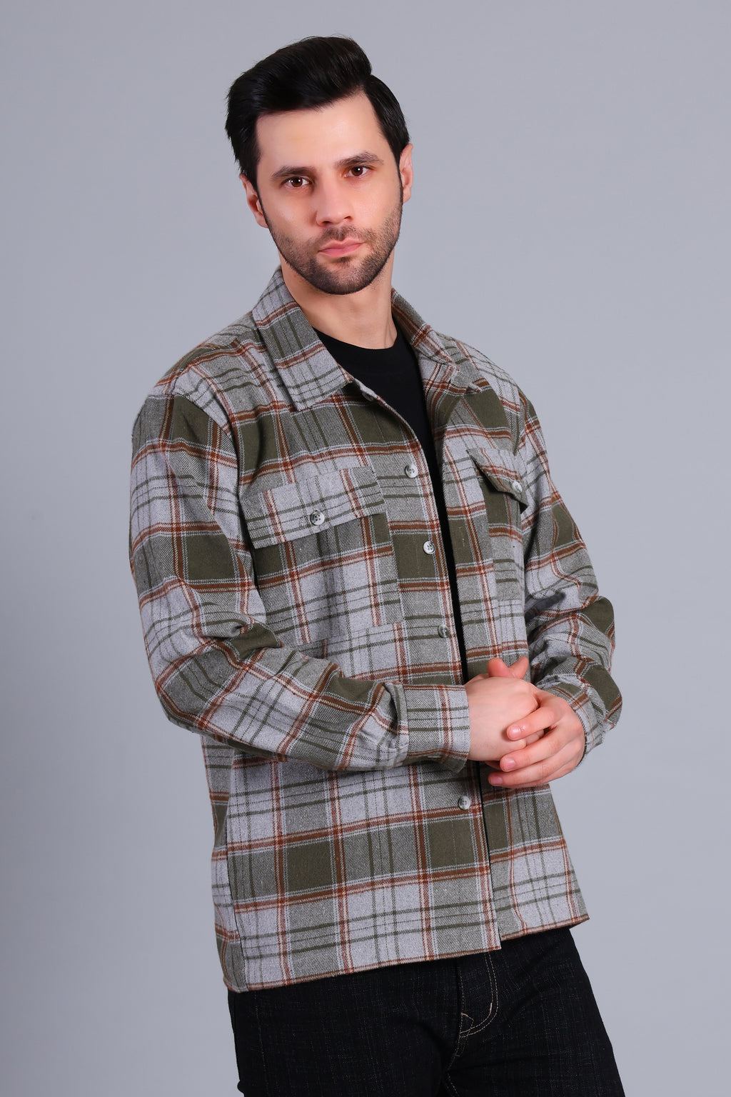 OLIVE GREEN SHACKET OF BRUSHED FABRIC