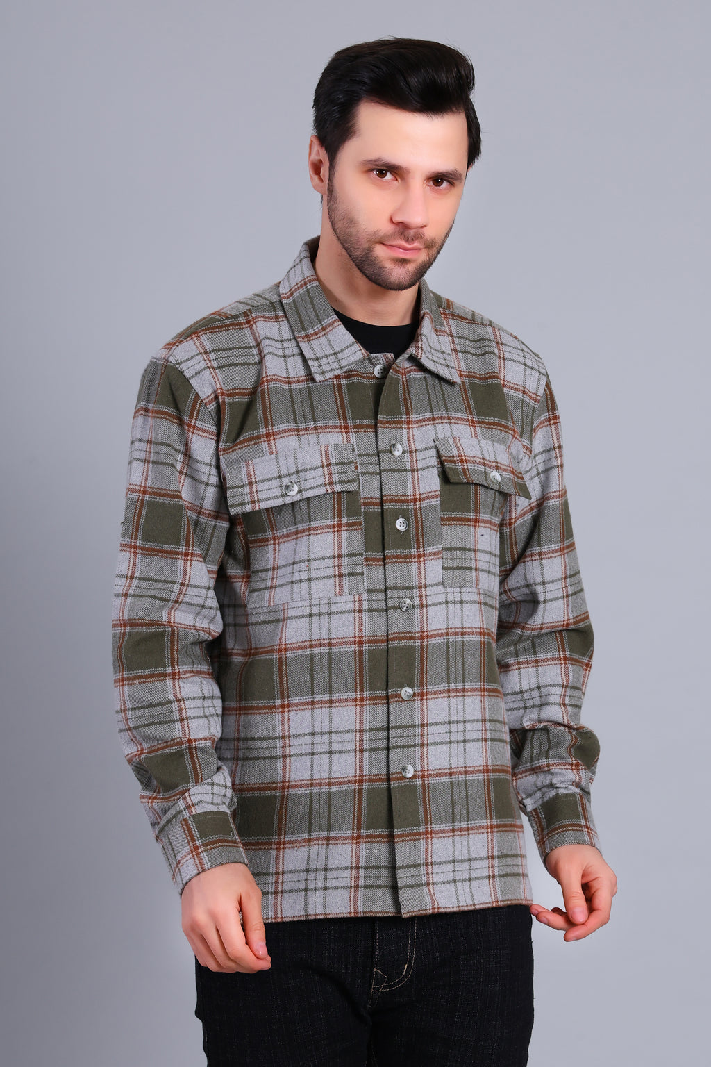 OLIVE GREEN SHACKET OF BRUSHED FABRIC