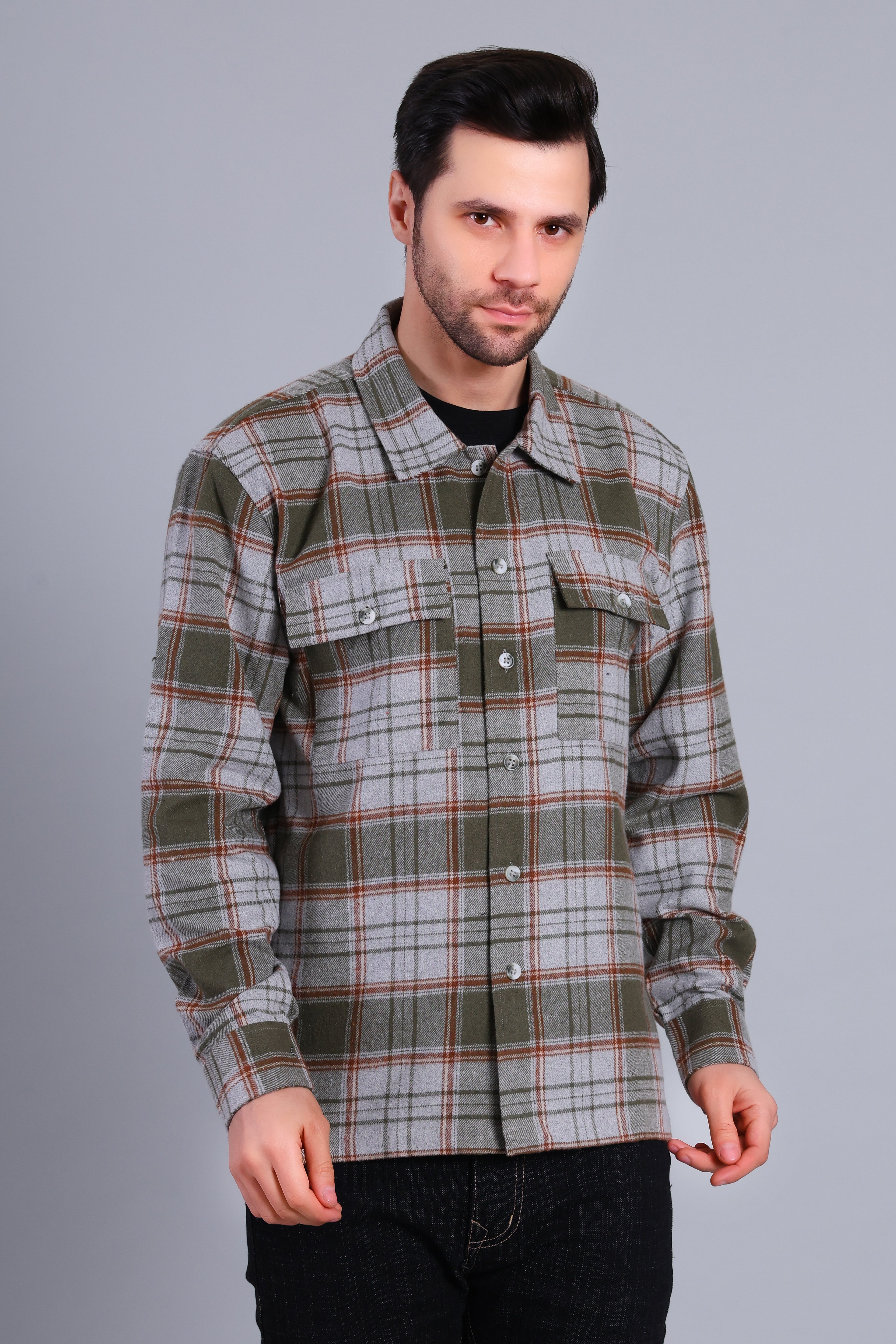 OLIVE GREEN SHACKET OF BRUSHED FABRIC