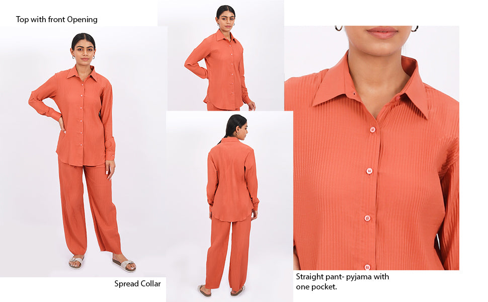 CO-ORD SET OF PLEATED FABRIC IN BRICK RED